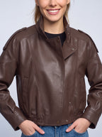 Léonie Oversized Leather Bomber Jacket – Women Biker Casual Streetwear Autumn Winter Cropped Leather Jacket