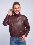 Léonie Oversized Leather Bomber Jacket – Women Biker Casual Streetwear Autumn Winter Cropped Leather Jacket