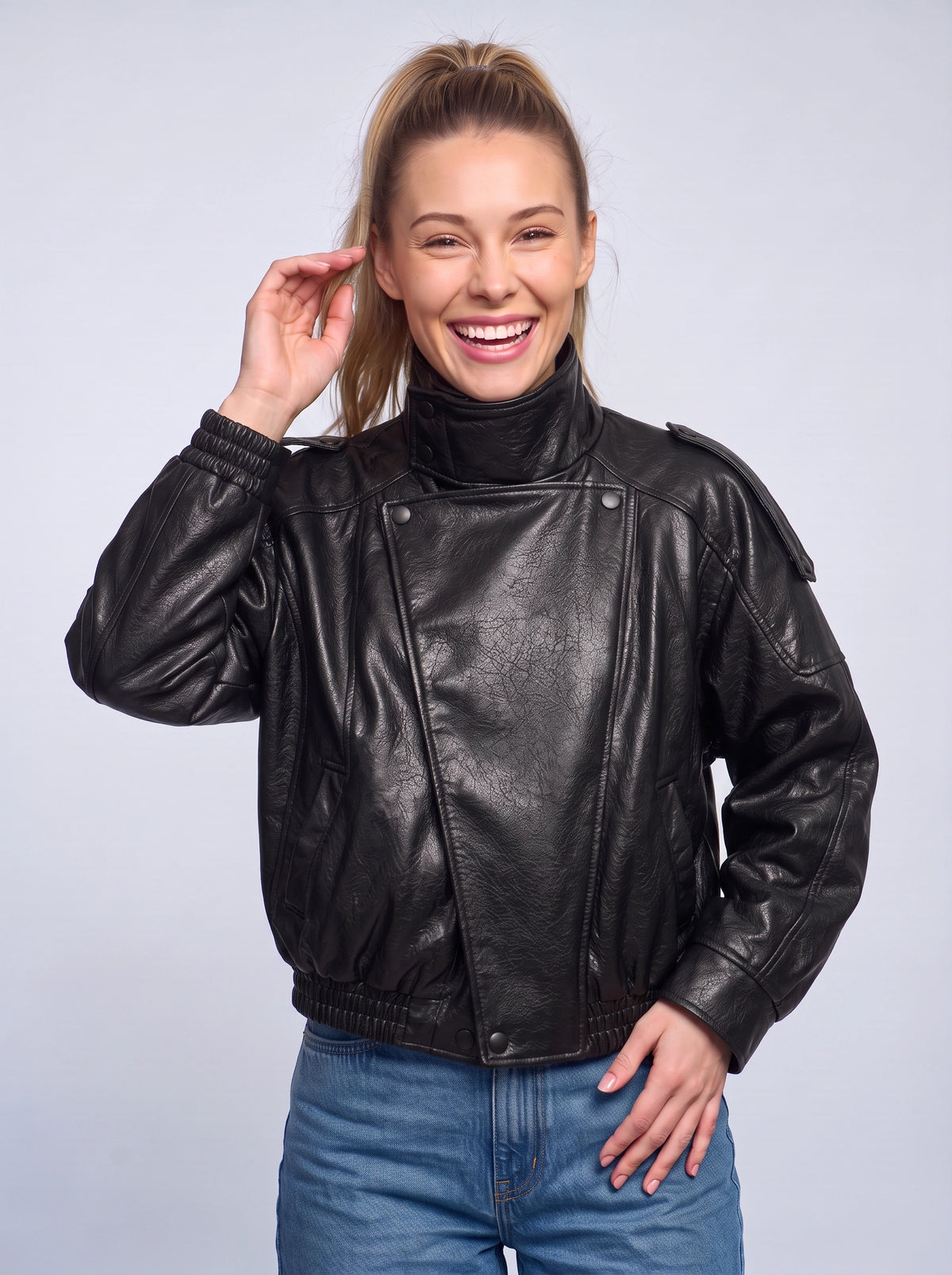 Léonie Oversized Leather Bomber Jacket – Women Biker Casual Streetwear Autumn Winter Cropped Leather Jacket