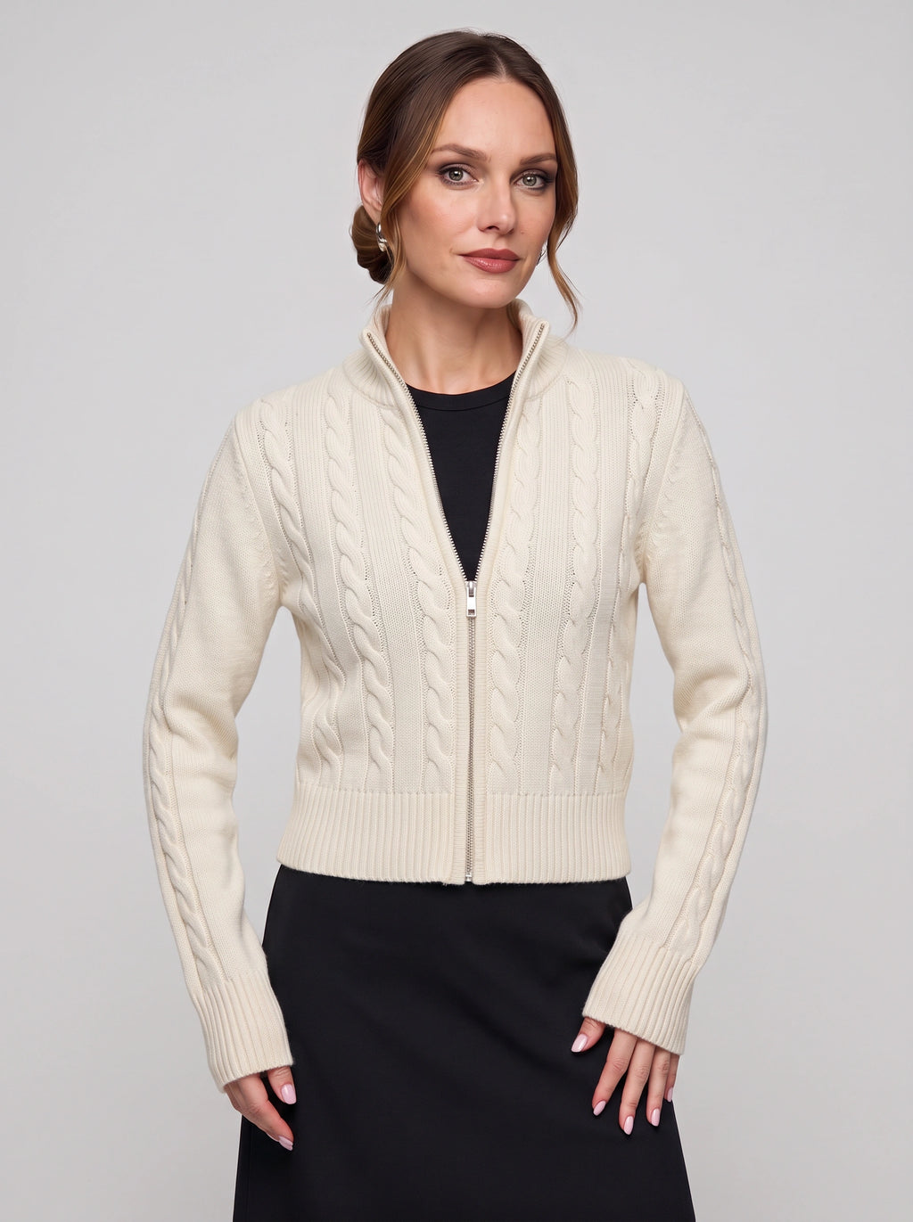 Cablyne Cable Knit Zip-Up Cardigan – Cream High-Neck Women Autumn Chunky Knit Zip Up Sweater