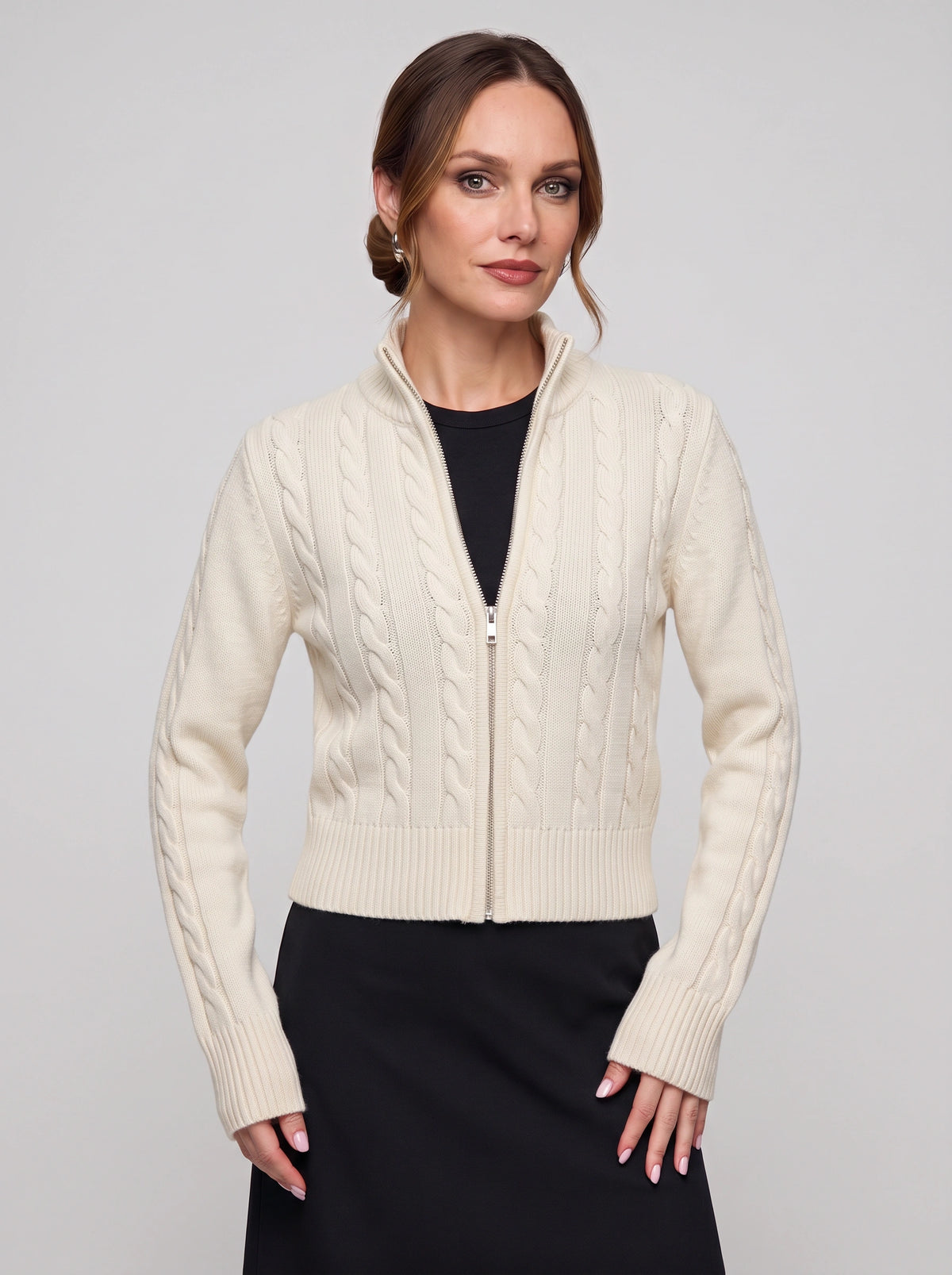 Cablyne Cable Knit Zip-Up Cardigan – Cream High-Neck Women Autumn Chunky Knit Zip Up Sweater