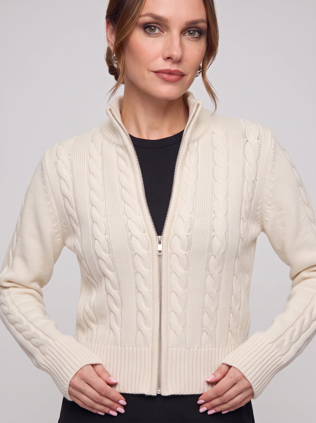 Cablyne Cable Knit Zip-Up Cardigan – Cream High-Neck Women Autumn Chunky Knit Zip Up Sweater