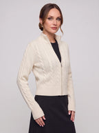 Cablyne Cable Knit Zip-Up Cardigan – Cream High-Neck Women Autumn Chunky Knit Zip Up Sweater
