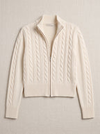 Cablyne Cable Knit Zip-Up Cardigan – Cream High-Neck Women Autumn Chunky Knit Zip Up Sweater