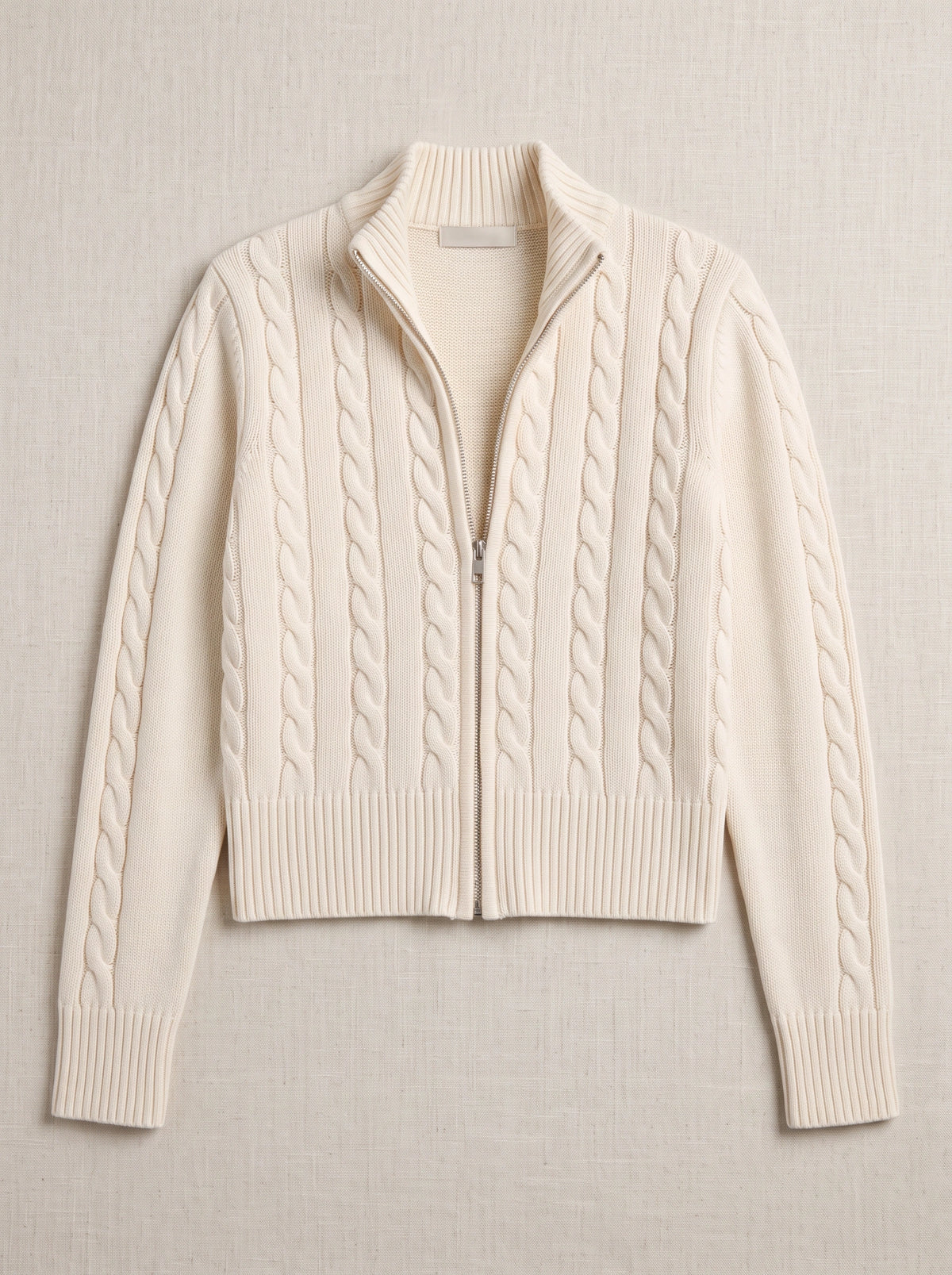 Cablyne Cable Knit Zip-Up Cardigan – Cream High-Neck Women Autumn Chunky Knit Zip Up Sweater