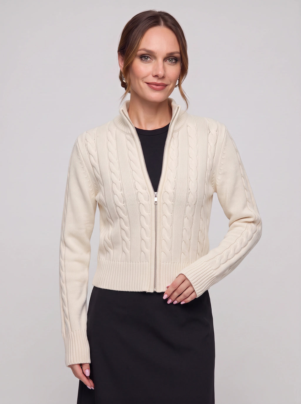 Cablyne Cable Knit Zip-Up Cardigan – Cream High-Neck Women Autumn Chunky Knit Zip Up Sweater