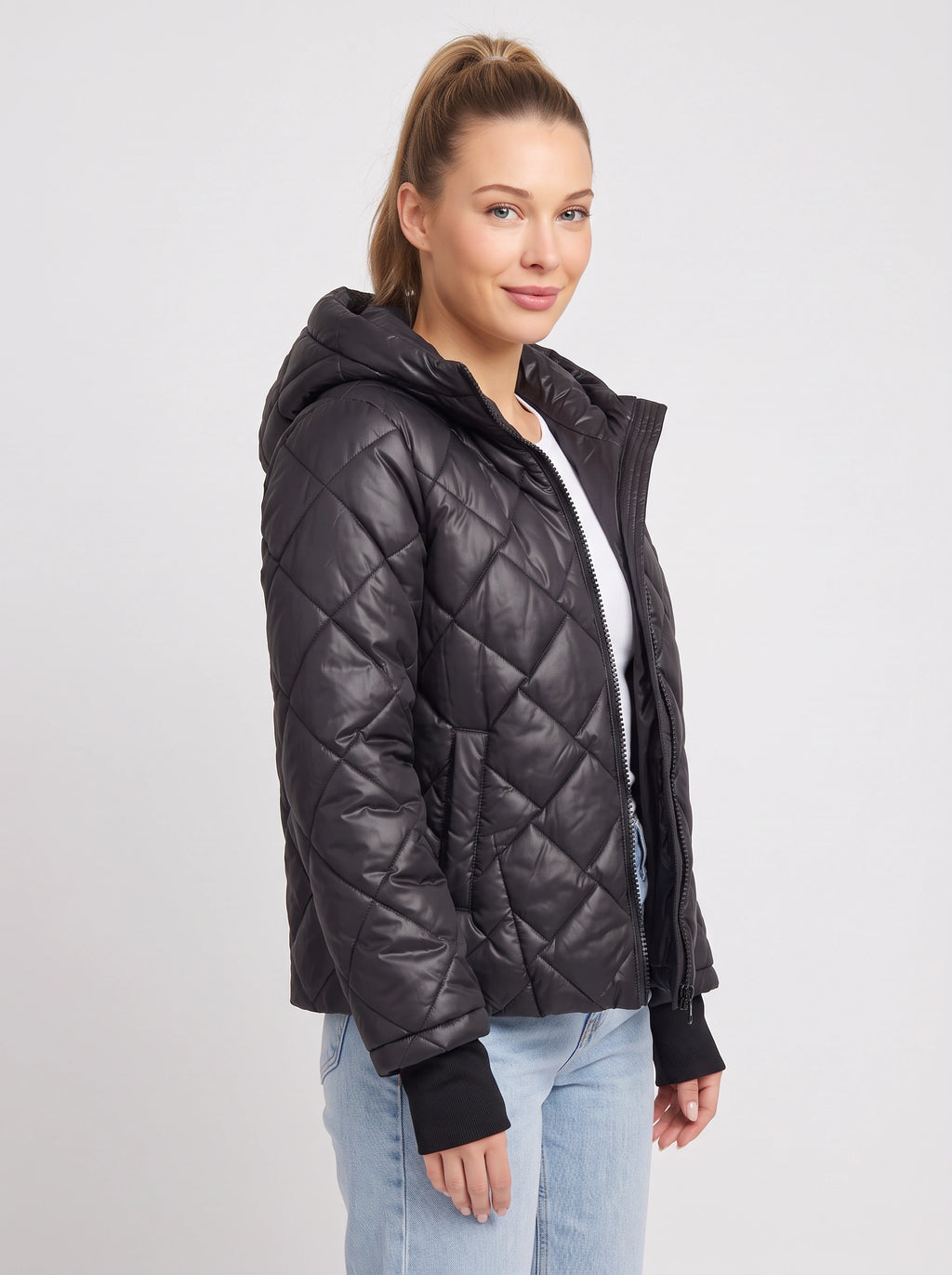 Diaquil Hooded Quilted Puffer Jacket – Womens Padded Winter Coat Zip-Up Diamond Jacket