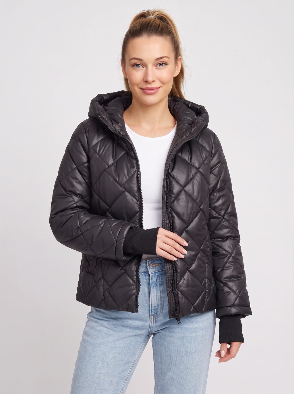 Diaquil Hooded Quilted Puffer Jacket – Womens Padded Winter Coat Zip-Up Diamond Jacket