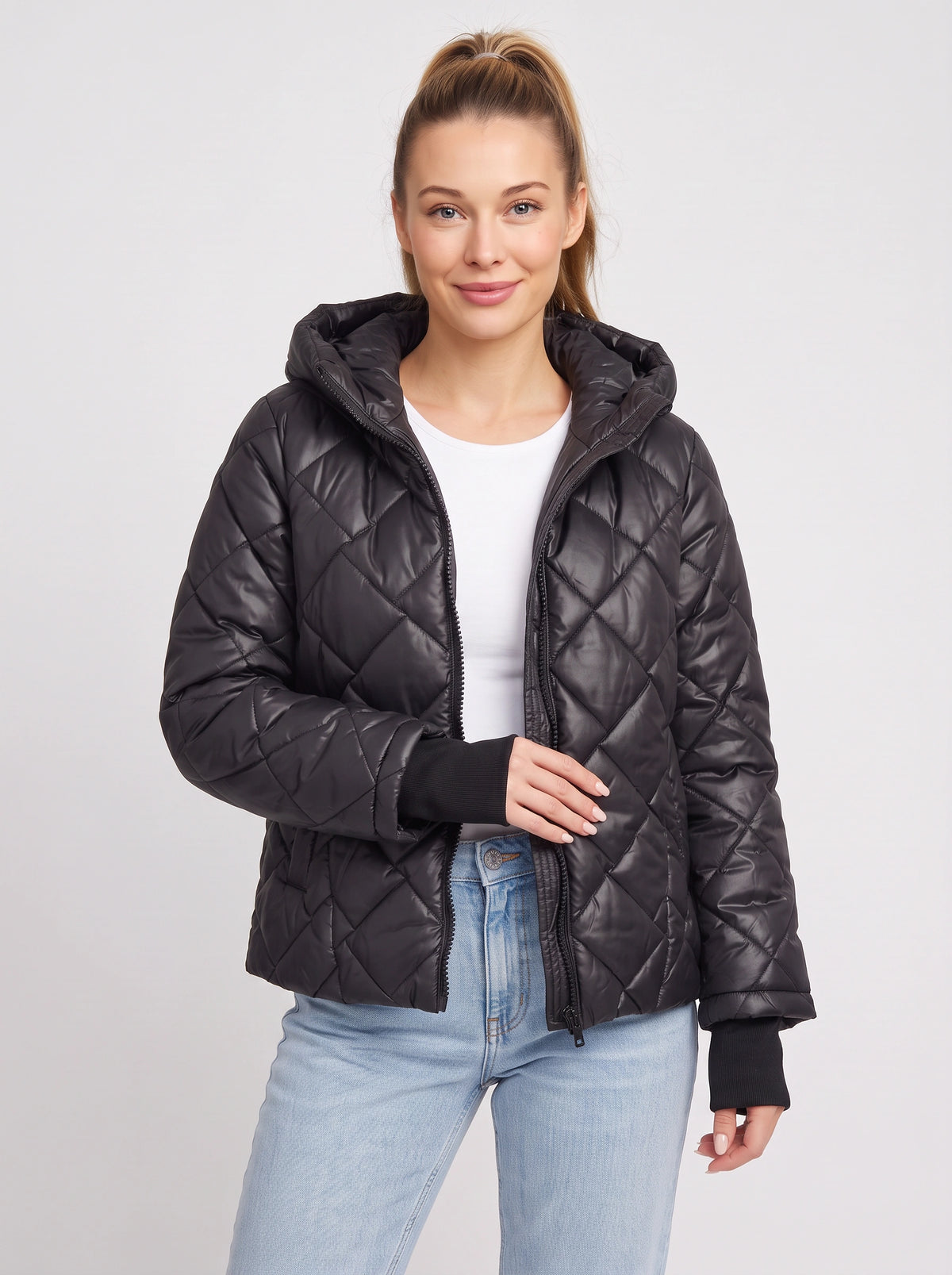 Diaquil Hooded Quilted Puffer Jacket – Womens Padded Winter Coat Zip-Up Diamond Jacket