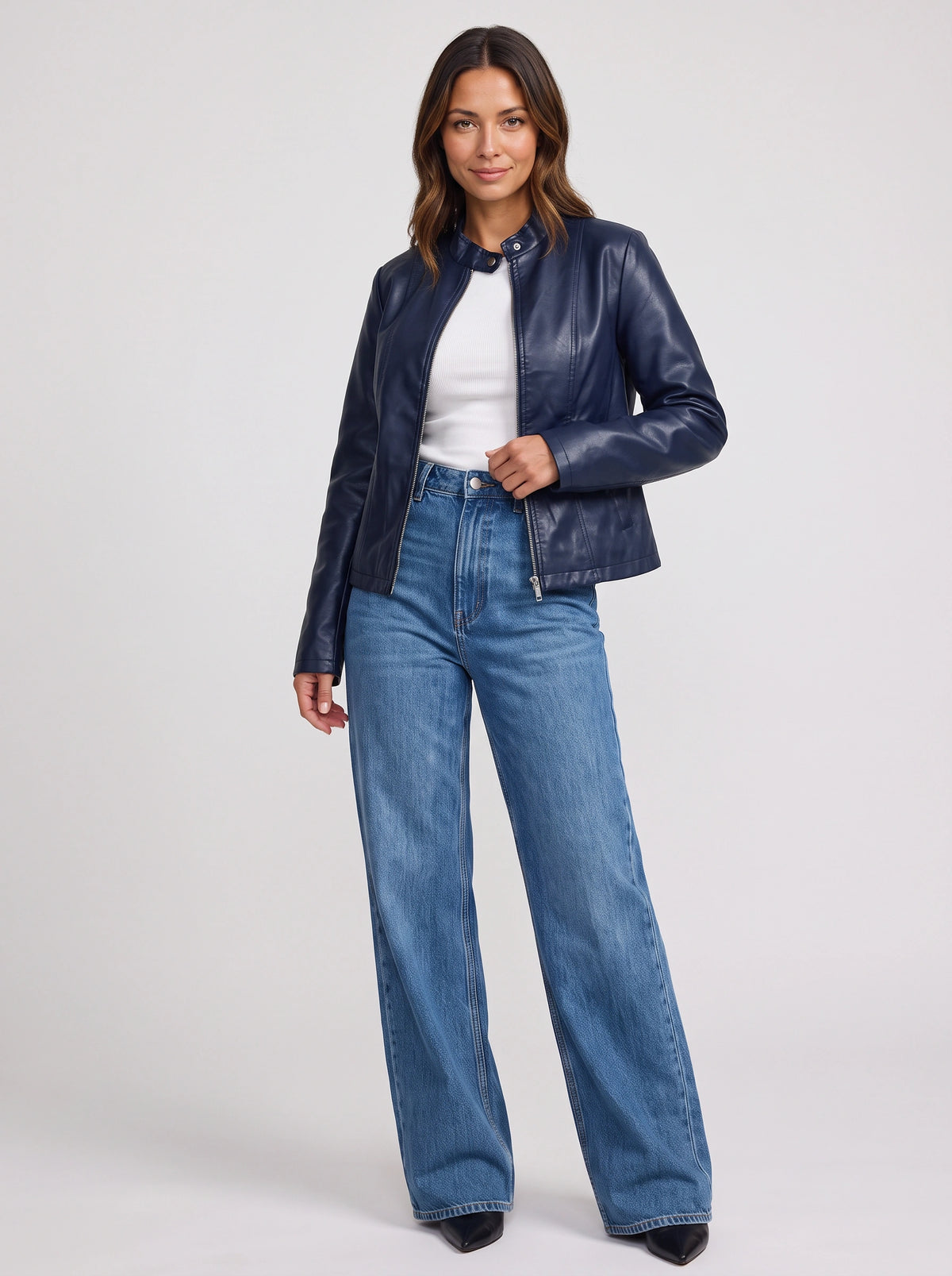 Snaplar Stand Collar Leather-Look Biker Jacket – Women Zip-Front Faux Leather Casual Autumn Outerwear Jacket