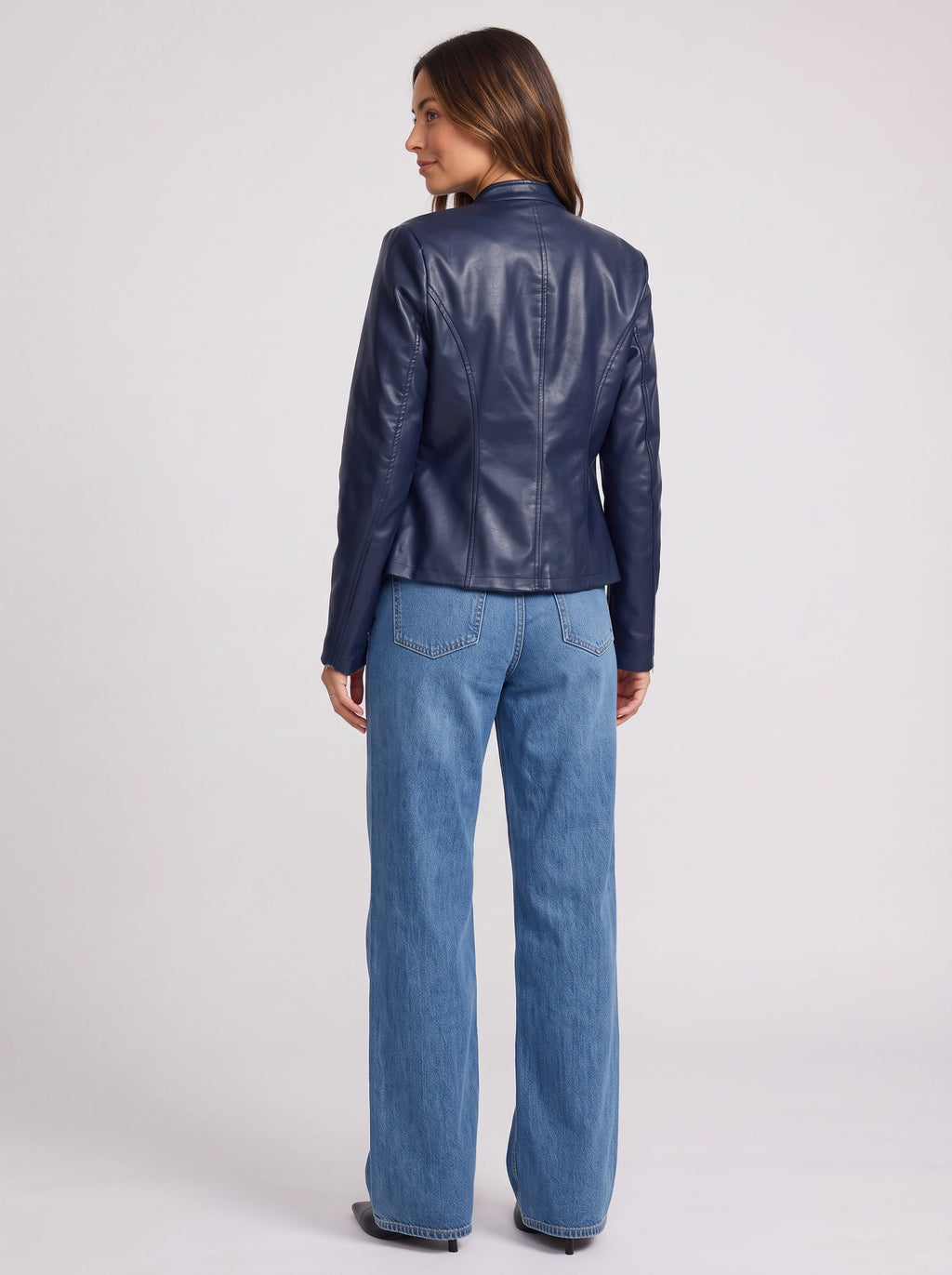 Snaplar Stand Collar Leather-Look Biker Jacket – Women Zip-Front Faux Leather Casual Autumn Outerwear Jacket