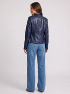 Snaplar Stand Collar Leather-Look Biker Jacket – Women Zip-Front Faux Leather Casual Autumn Outerwear Jacket