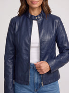 Snaplar Stand Collar Leather-Look Biker Jacket – Women Zip-Front Faux Leather Casual Autumn Outerwear Jacket