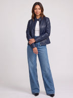 Snaplar Stand Collar Leather-Look Biker Jacket – Women Zip-Front Faux Leather Casual Autumn Outerwear Jacket