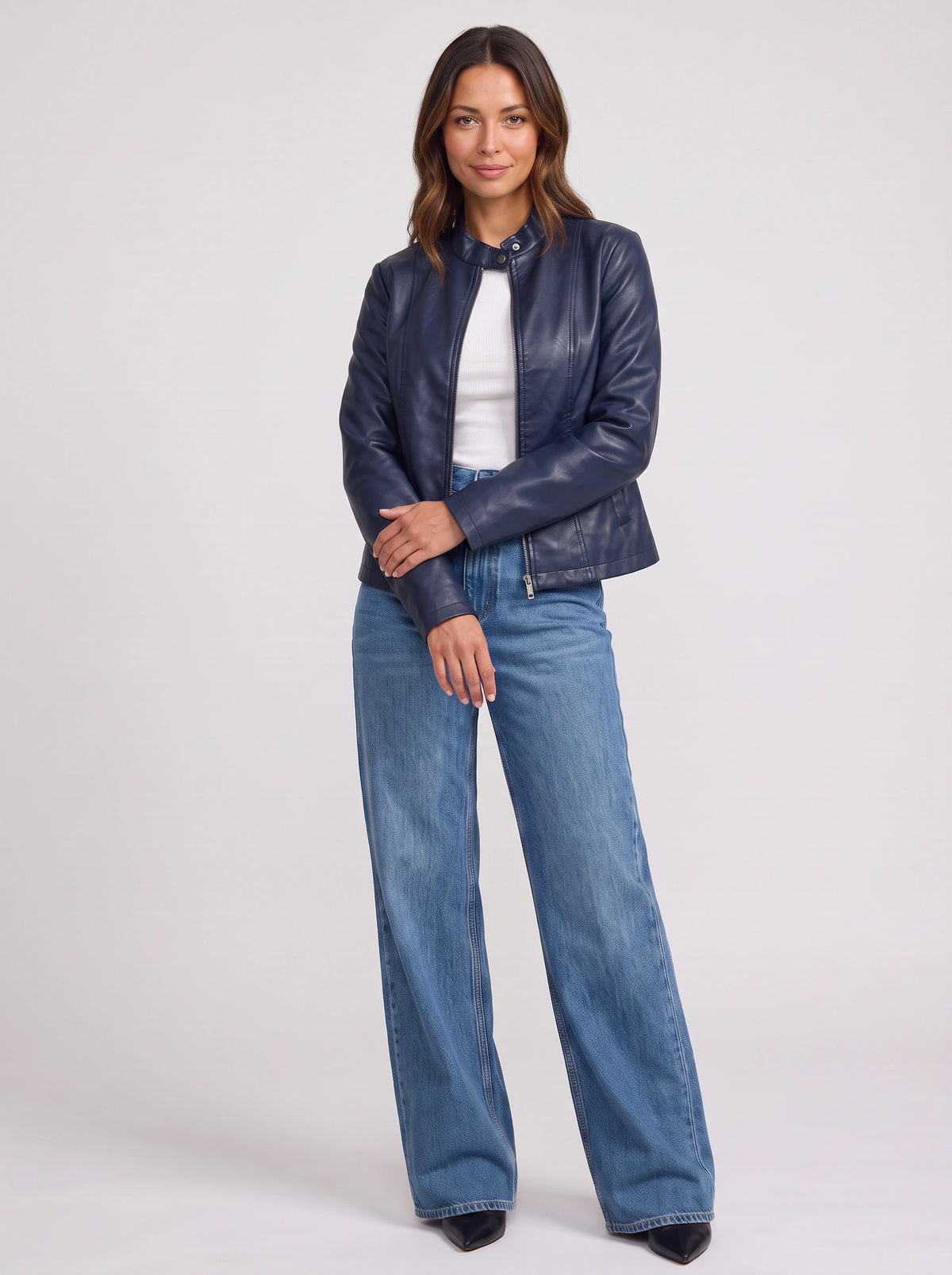Snaplar Stand Collar Leather-Look Biker Jacket – Women Zip-Front Faux Leather Casual Autumn Outerwear Jacket
