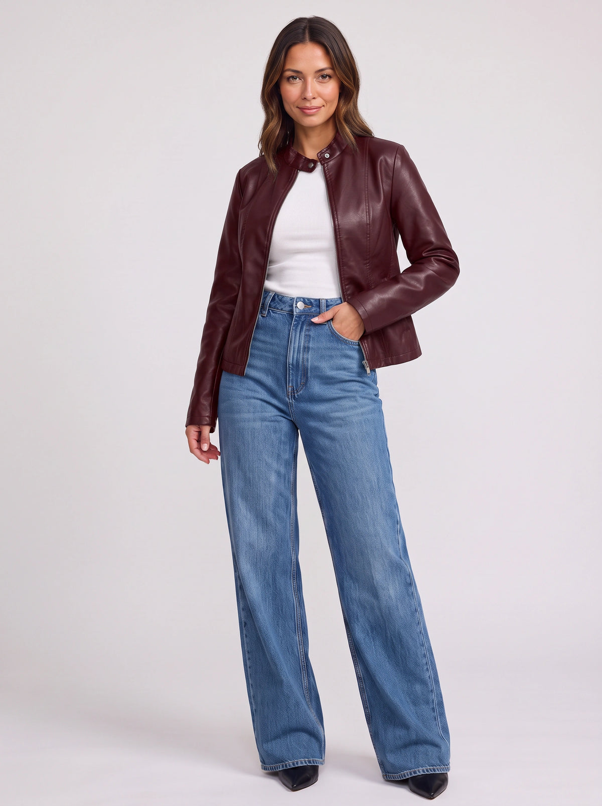 Snaplar Stand Collar Leather-Look Biker Jacket – Women Zip-Front Faux Leather Casual Autumn Outerwear Jacket