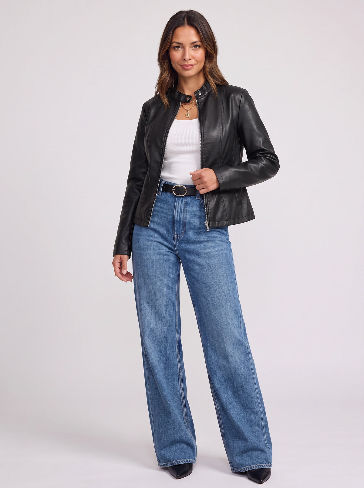 Snaplar Stand Collar Leather-Look Biker Jacket – Women Zip-Front Faux Leather Casual Autumn Outerwear Jacket