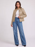 Snaplar Stand Collar Leather-Look Biker Jacket – Women Zip-Front Faux Leather Casual Autumn Outerwear Jacket