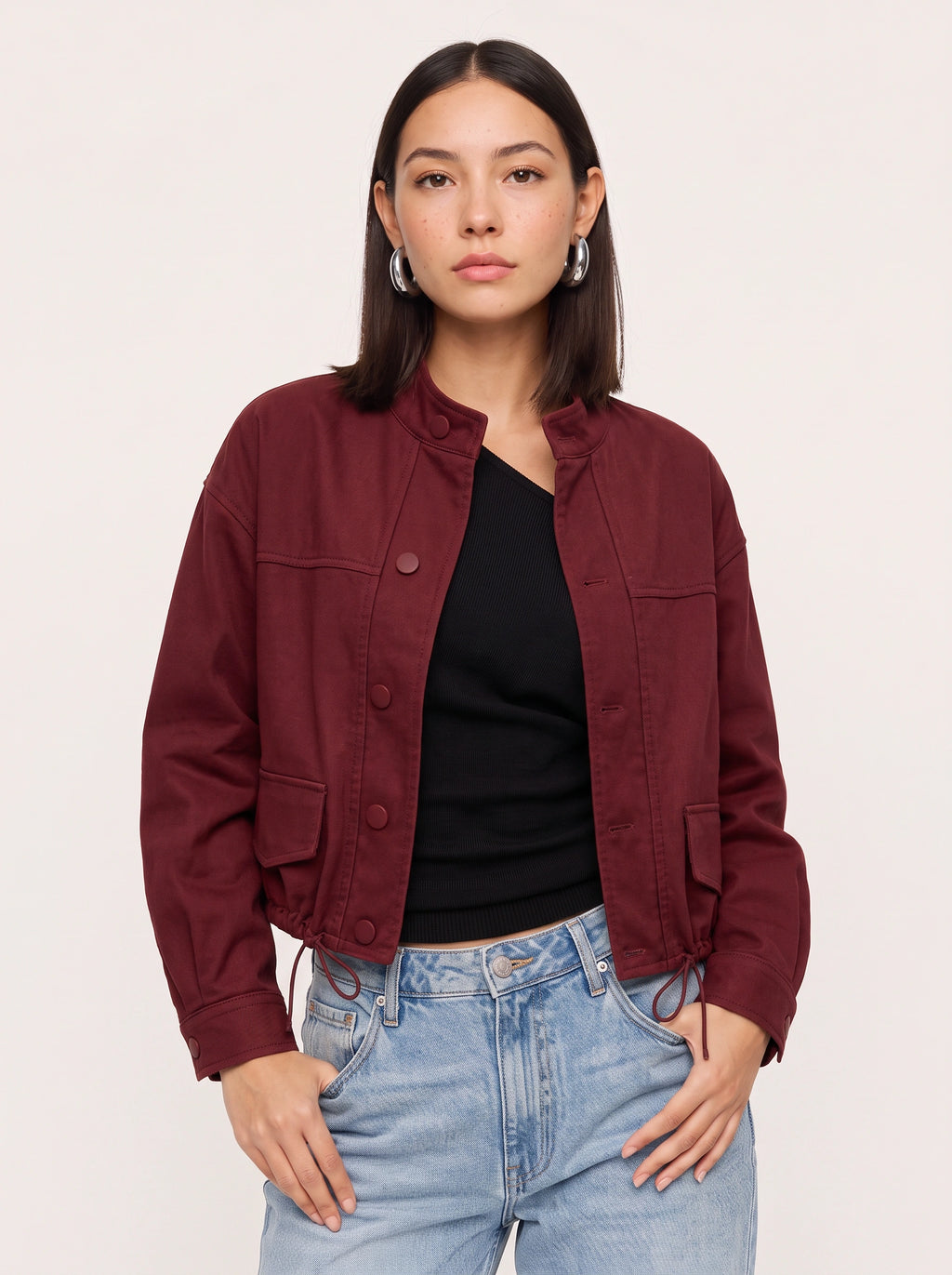 Cordine Stand Collar Cropped Jacket – Women Casual Autumn Workwear Utility Button Front Jacket