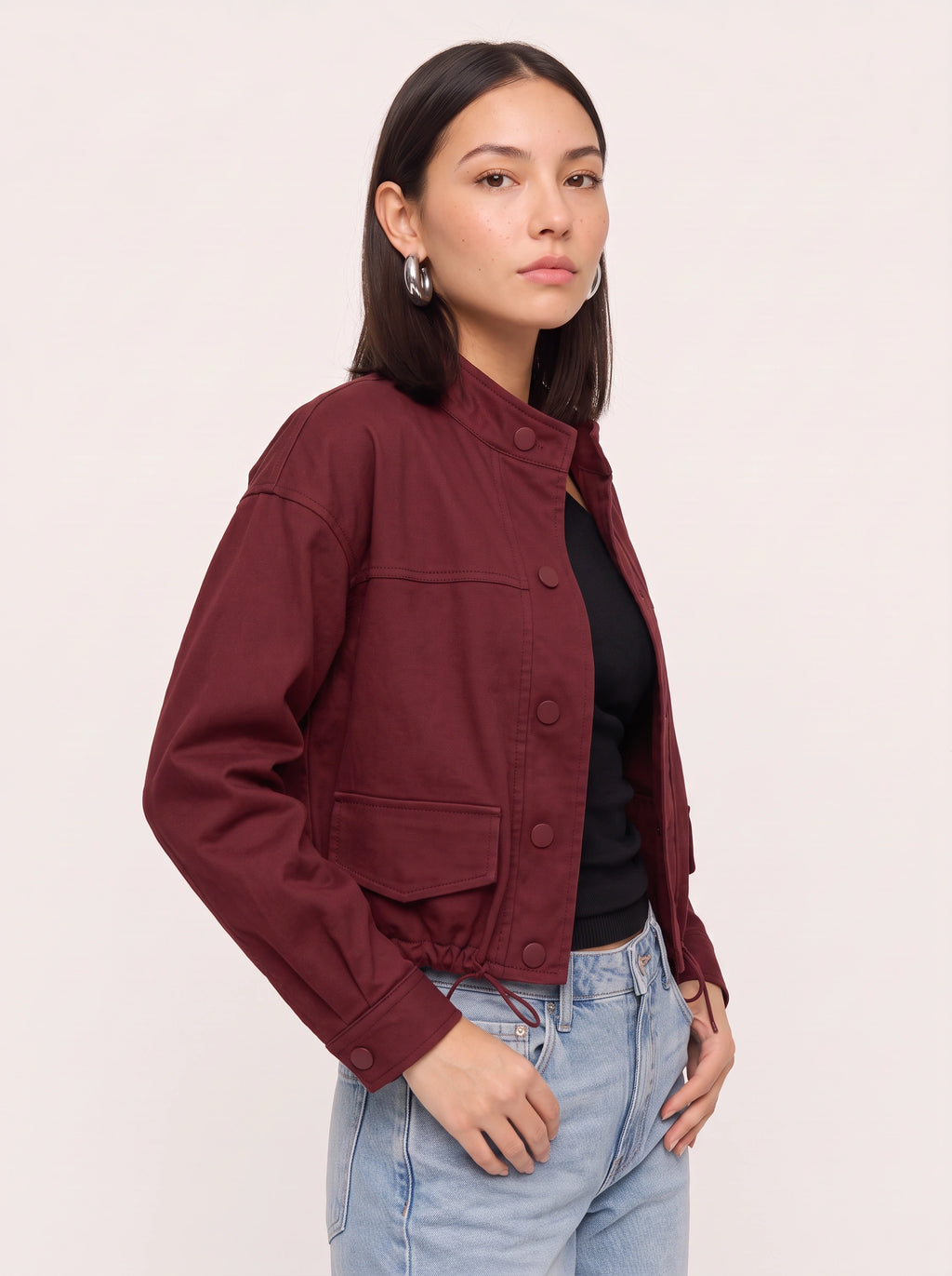 Cordine Stand Collar Cropped Jacket – Women Casual Autumn Workwear Utility Button Front Jacket