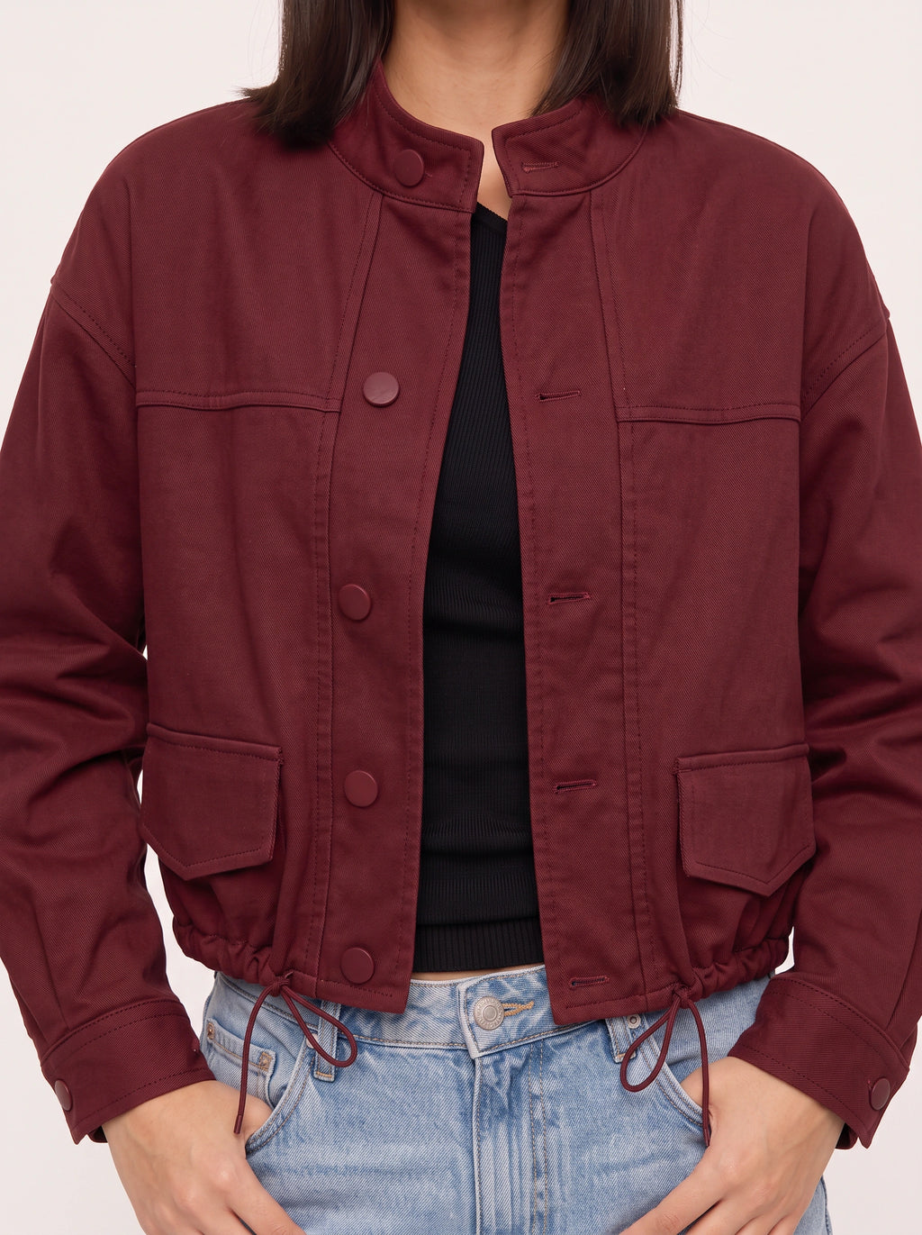 Cordine Stand Collar Cropped Jacket – Women Casual Autumn Workwear Utility Button Front Jacket