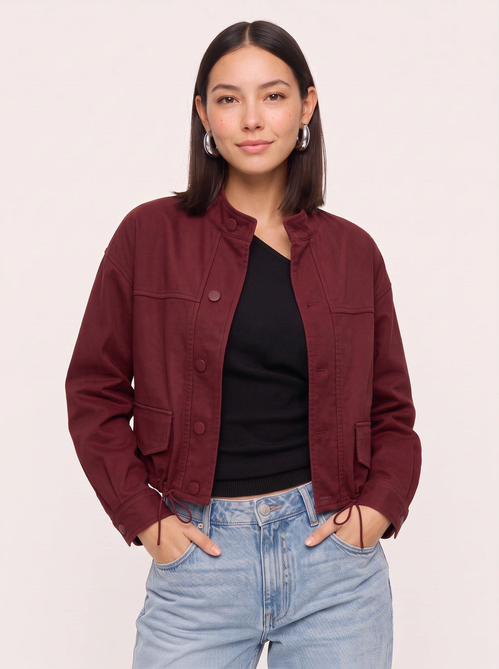 Cordine Stand Collar Cropped Jacket – Women Casual Autumn Workwear Utility Button Front Jacket