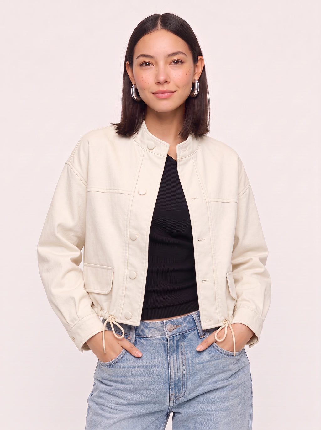 Cordine Stand Collar Cropped Jacket – Women Casual Autumn Workwear Utility Button Front Jacket
