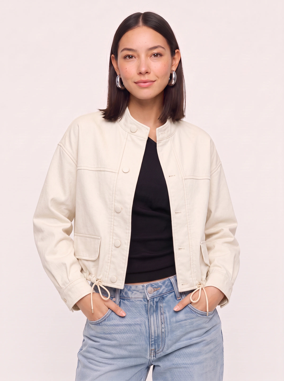 Cordine Stand Collar Cropped Jacket – Women Casual Autumn Workwear Utility Button Front Jacket