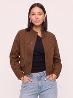 Cordine Stand Collar Cropped Jacket – Women Casual Autumn Workwear Utility Button Front Jacket
