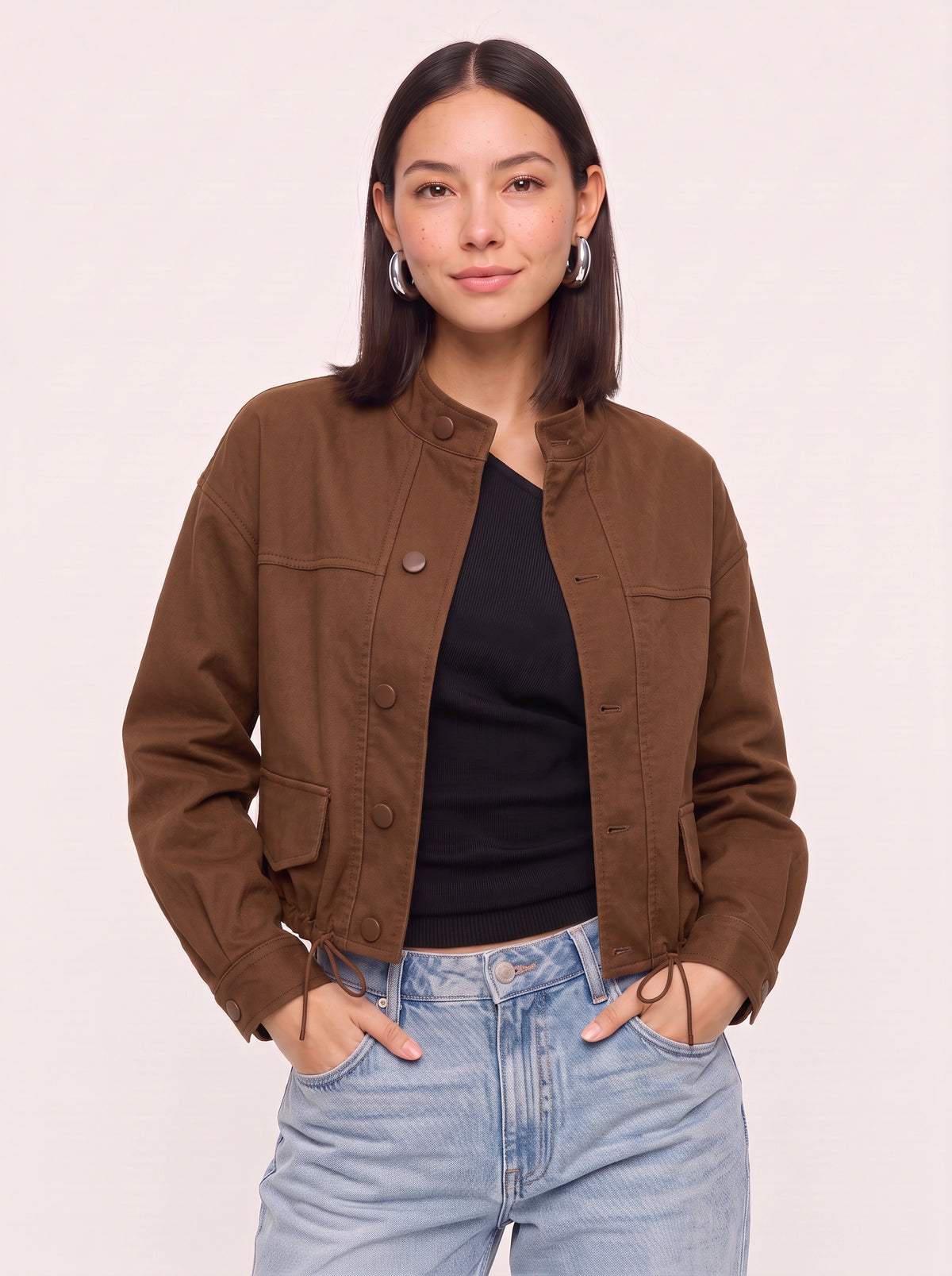Cordine Stand Collar Cropped Jacket – Women Casual Autumn Workwear Utility Button Front Jacket