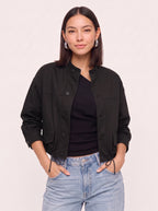 Cordine Stand Collar Cropped Jacket – Women Casual Autumn Workwear Utility Button Front Jacket