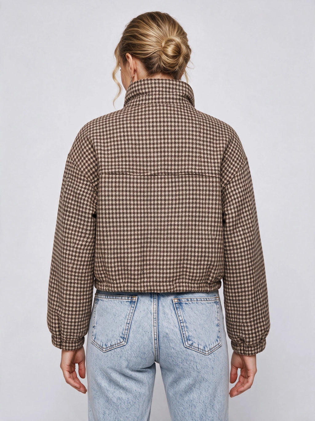 Funnelyn Houndstooth Cropped Jacket – Women Oversized Shacket Fall Autumn Casual Streetwear Blazer Jacket