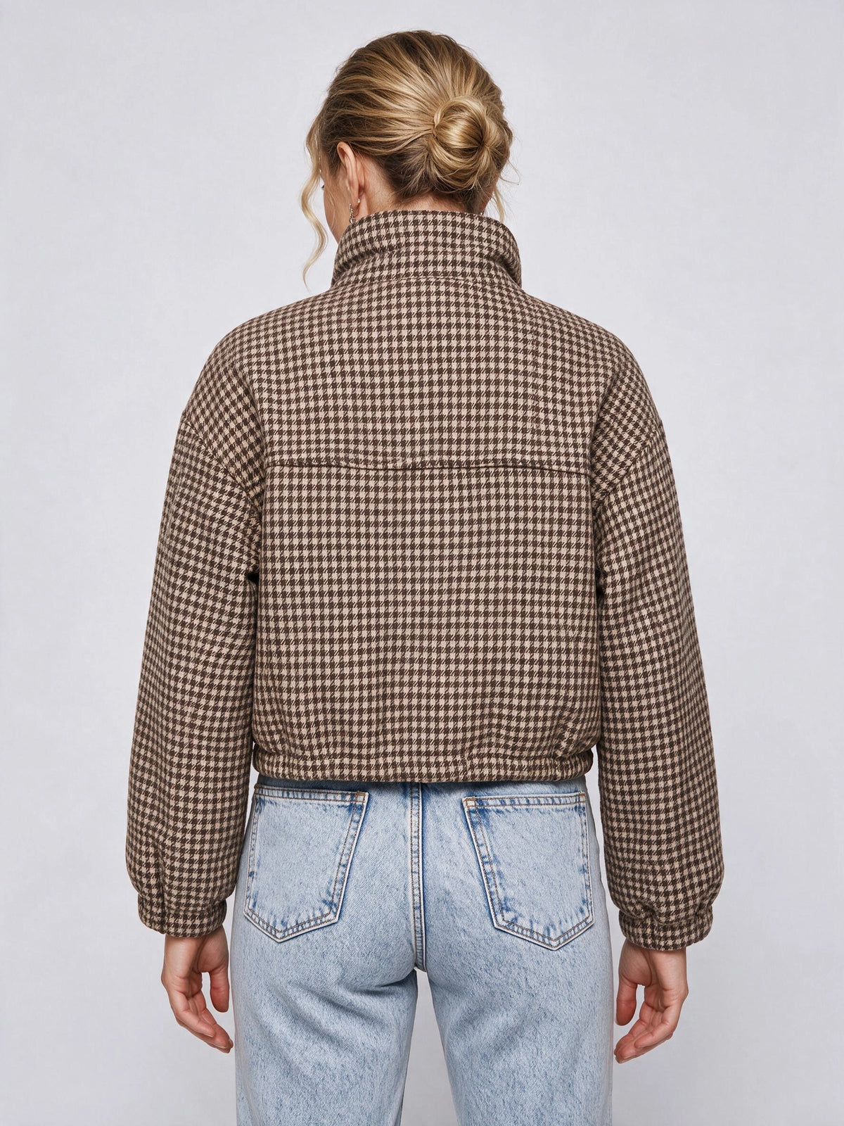 Funnelyn Houndstooth Cropped Jacket – Women Oversized Shacket Fall Autumn Casual Streetwear Blazer Jacket