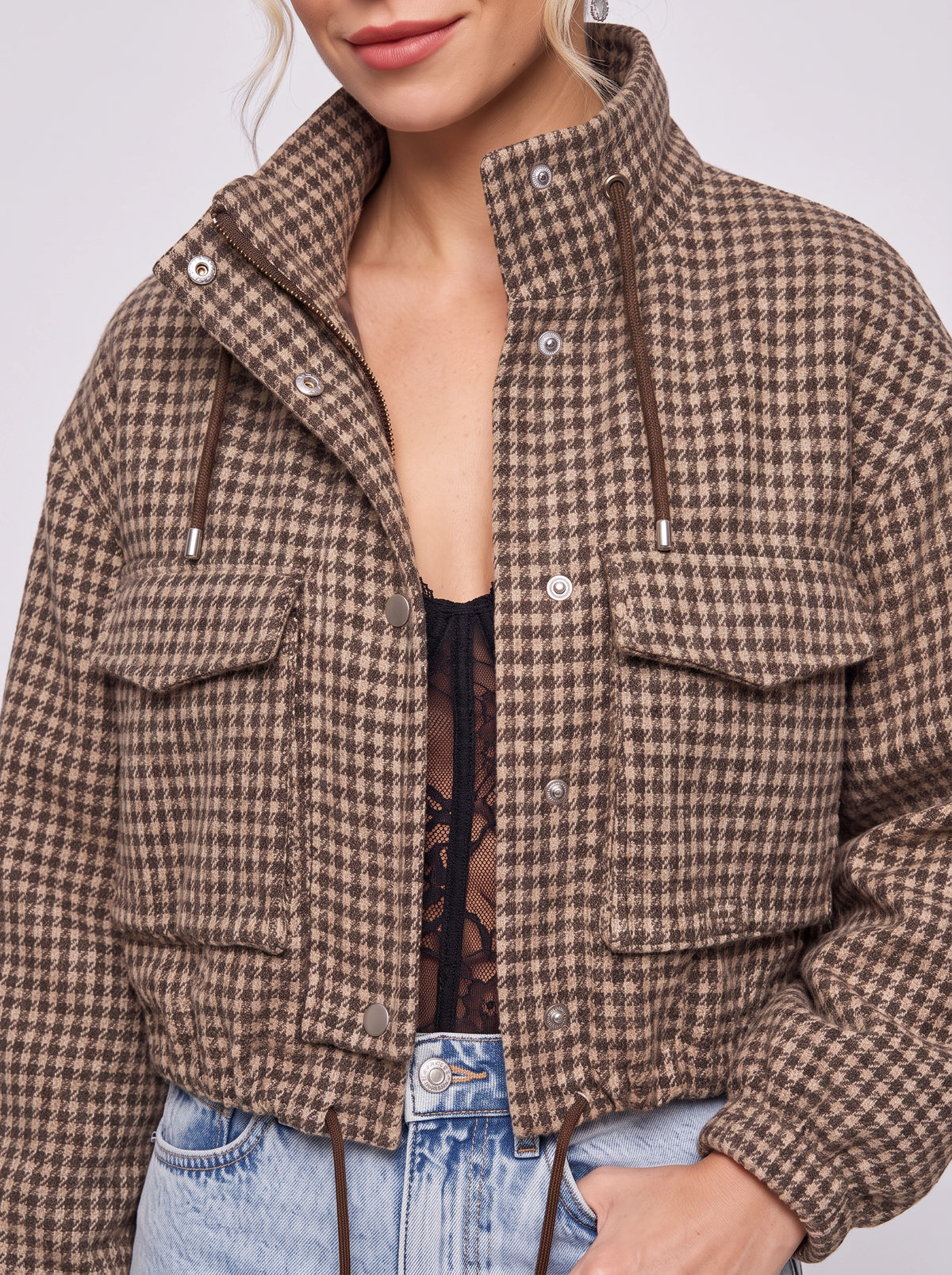 Funnelyn Houndstooth Cropped Jacket – Women Oversized Shacket Fall Autumn Casual Streetwear Blazer Jacket