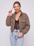 Funnelyn Houndstooth Cropped Jacket – Women Oversized Shacket Fall Autumn Casual Streetwear Blazer Jacket