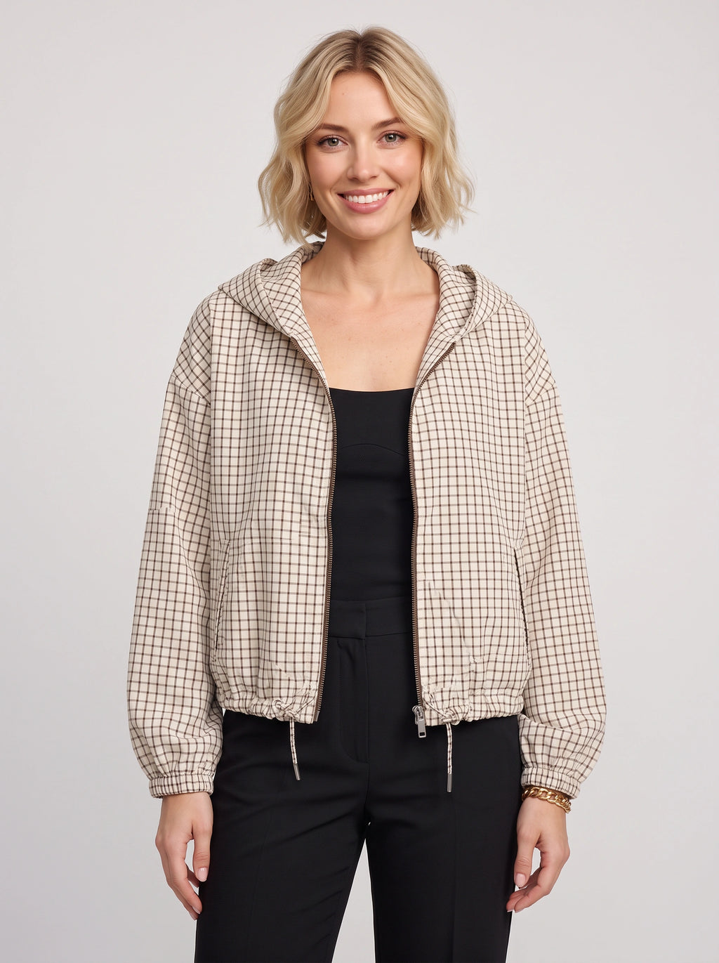 Toglinn Plaid Hooded Crop Jacket – Check Print Zip Front Women Casual Drawstring Cropped Jacket