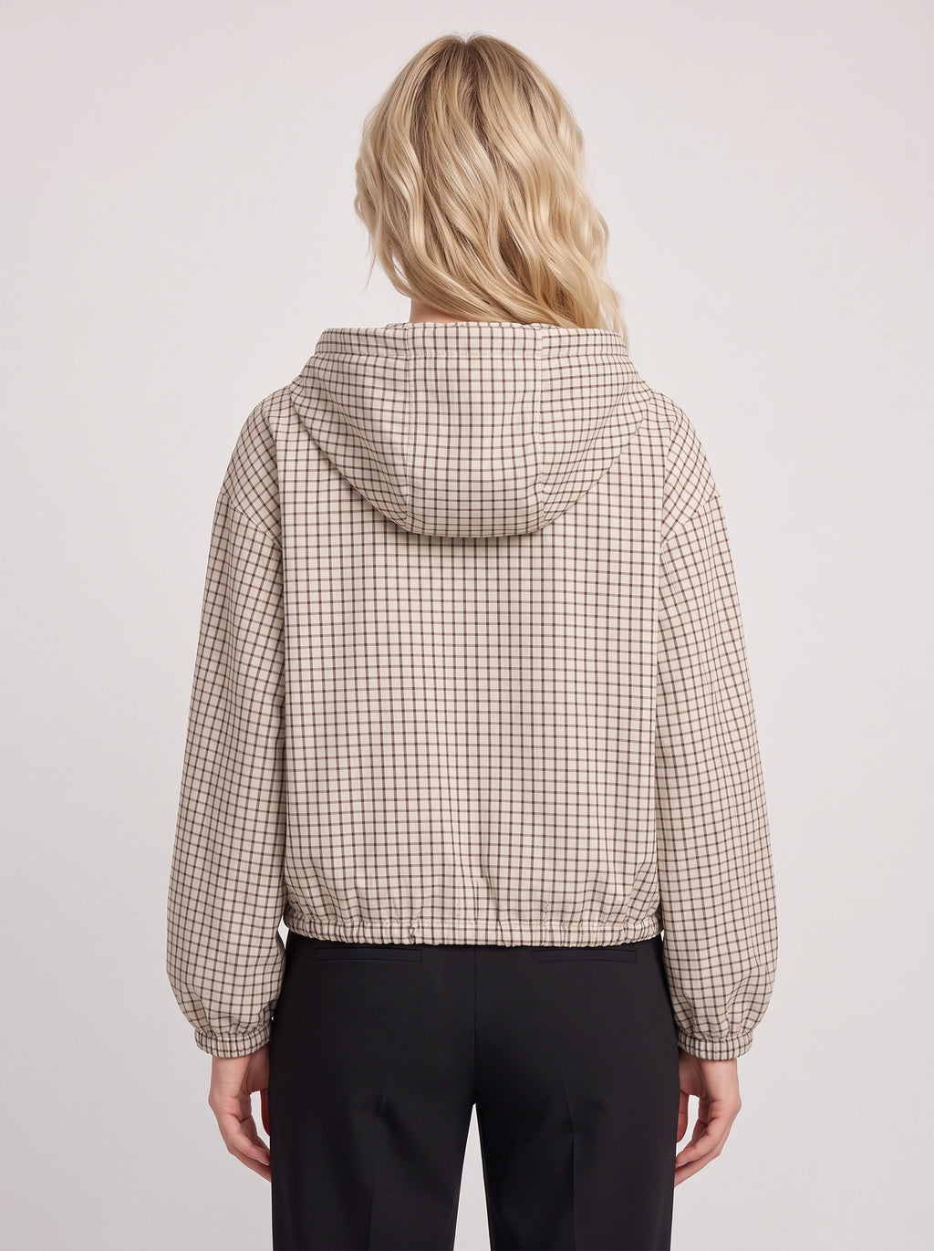 Toglinn Plaid Hooded Crop Jacket – Check Print Zip Front Women Casual Drawstring Cropped Jacket