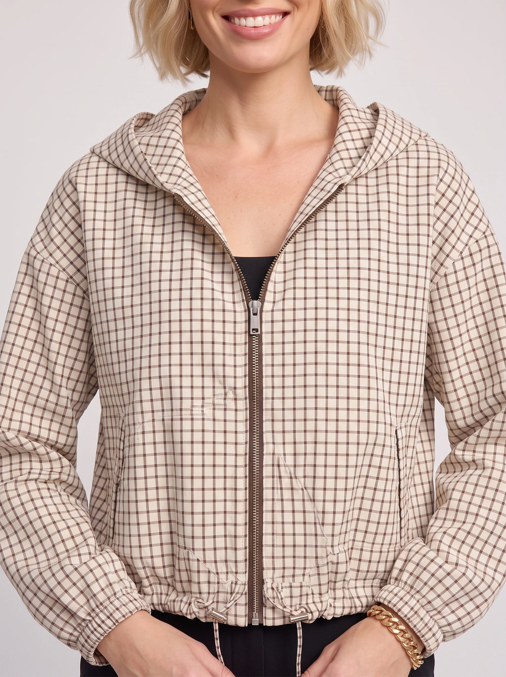 Toglinn Plaid Hooded Crop Jacket – Check Print Zip Front Women Casual Drawstring Cropped Jacket