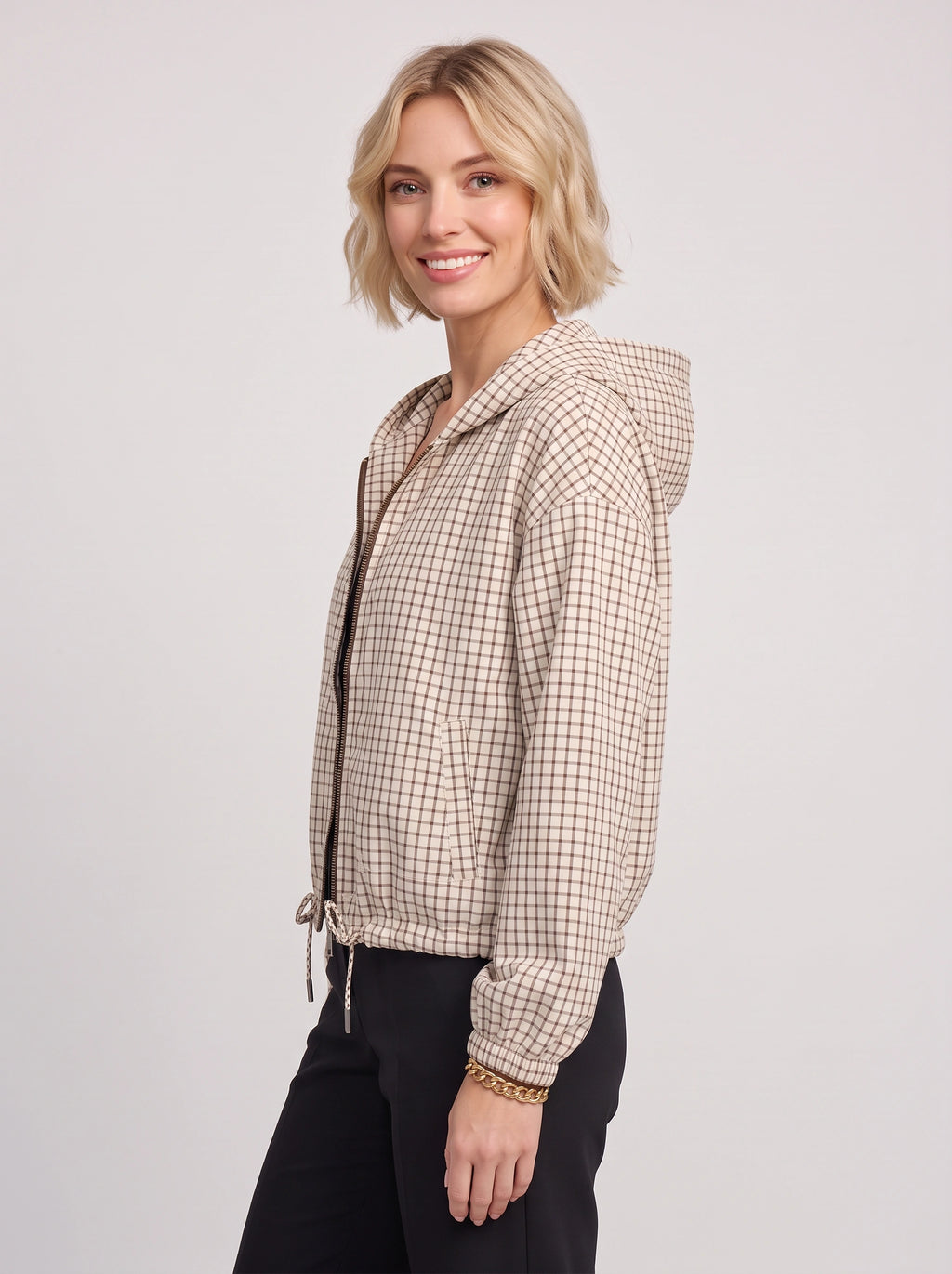 Toglinn Plaid Hooded Crop Jacket – Check Print Zip Front Women Casual Drawstring Cropped Jacket