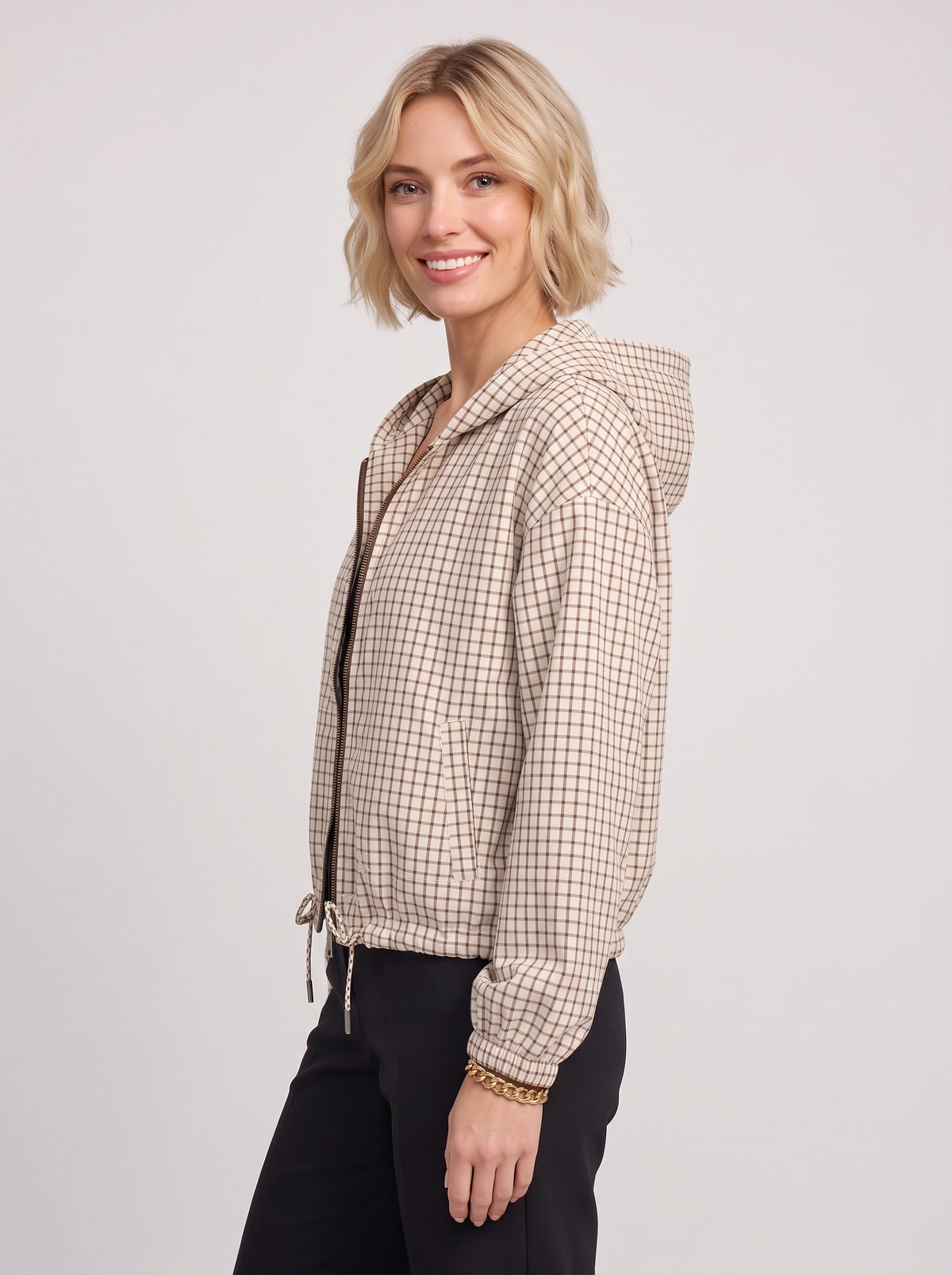 Toglinn Plaid Hooded Crop Jacket – Check Print Zip Front Women Casual Drawstring Cropped Jacket