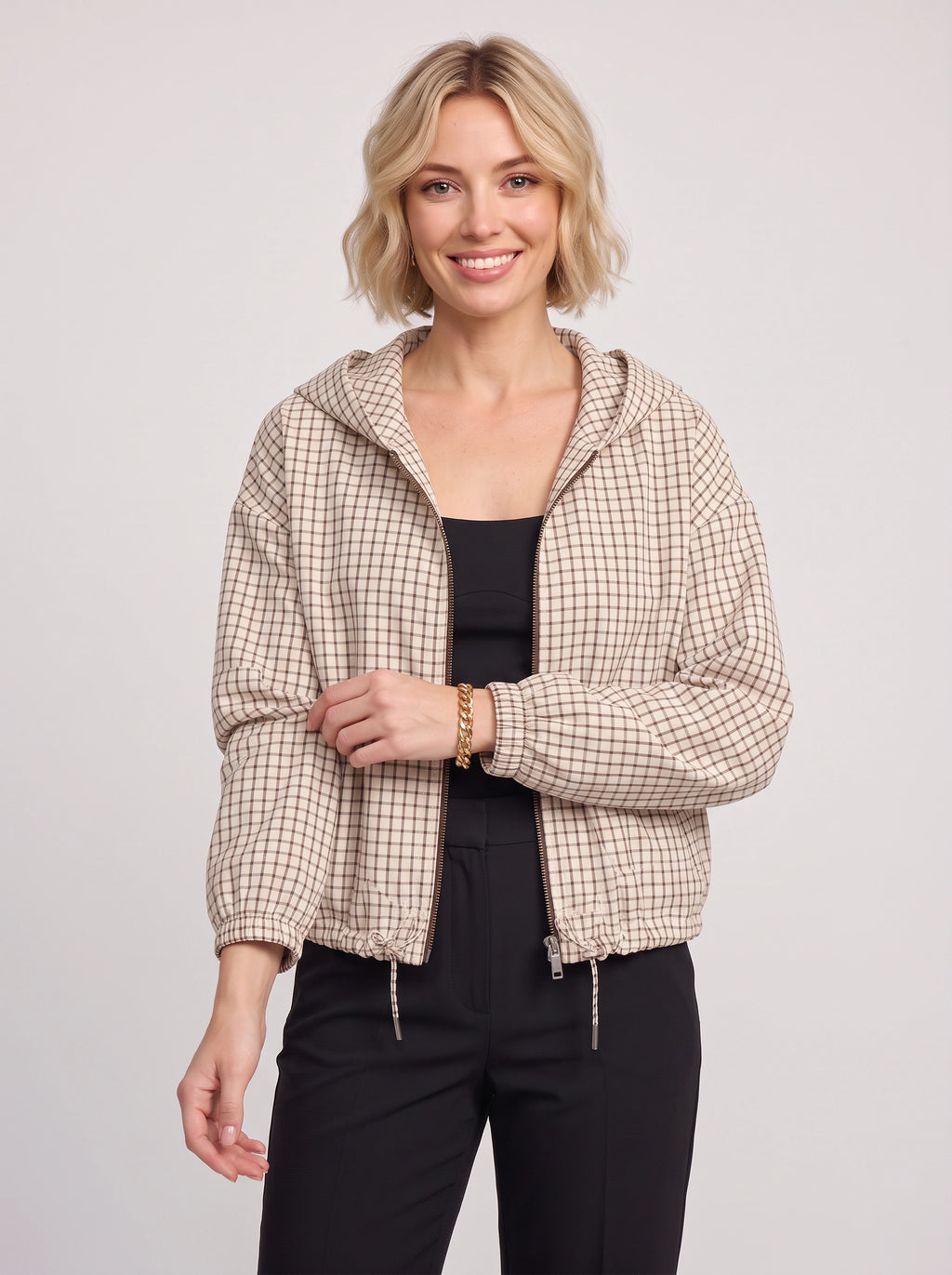 Toglinn Plaid Hooded Crop Jacket – Check Print Zip Front Women Casual Drawstring Cropped Jacket