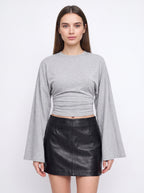 Flarenne Flared Sleeve Crop Top – Long Sleeve Crop Top Women Casual Ruched Waist Cropped Shirt