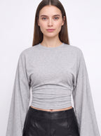 Flarenne Flared Sleeve Crop Top – Long Sleeve Crop Top Women Casual Ruched Waist Cropped Shirt