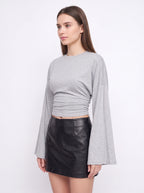 Flarenne Flared Sleeve Crop Top – Long Sleeve Crop Top Women Casual Ruched Waist Cropped Shirt