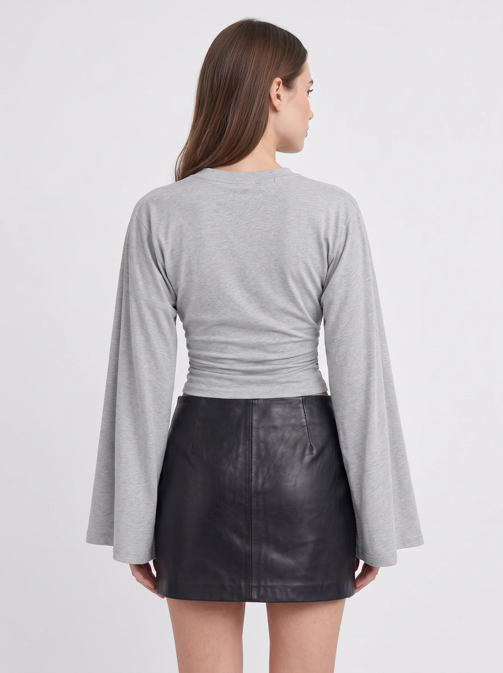 Flarenne Flared Sleeve Crop Top – Long Sleeve Crop Top Women Casual Ruched Waist Cropped Shirt