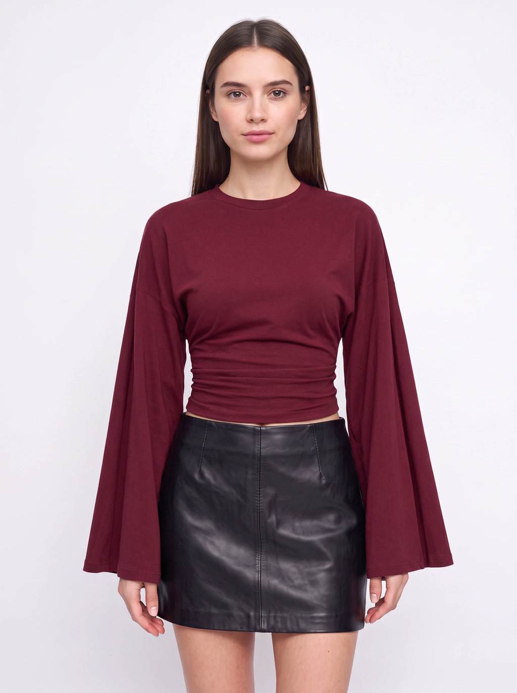 Flarenne Flared Sleeve Crop Top – Long Sleeve Crop Top Women Casual Ruched Waist Cropped Shirt