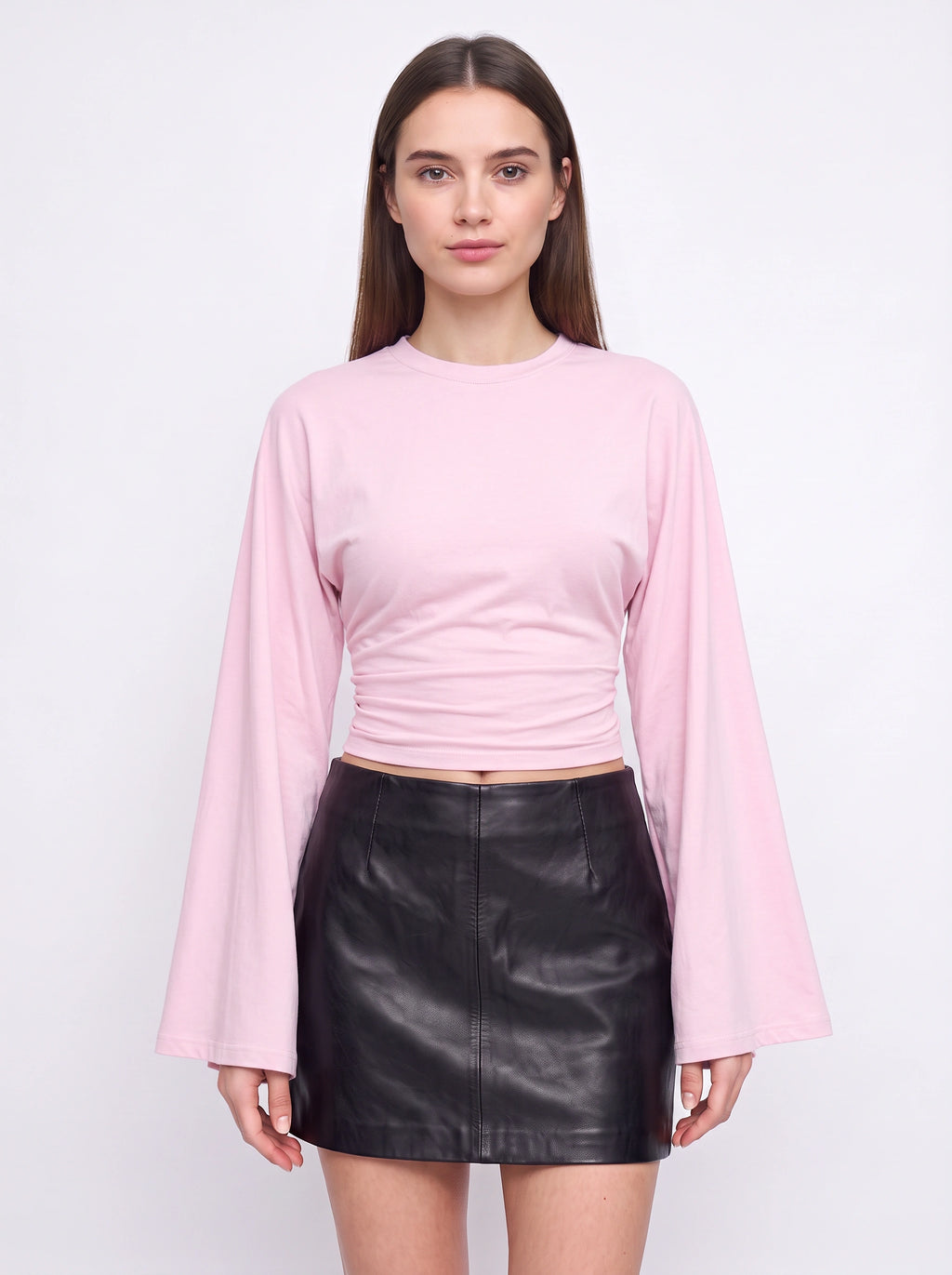 Flarenne Flared Sleeve Crop Top – Long Sleeve Crop Top Women Casual Ruched Waist Cropped Shirt