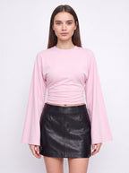 Flarenne Flared Sleeve Crop Top – Long Sleeve Crop Top Women Casual Ruched Waist Cropped Shirt