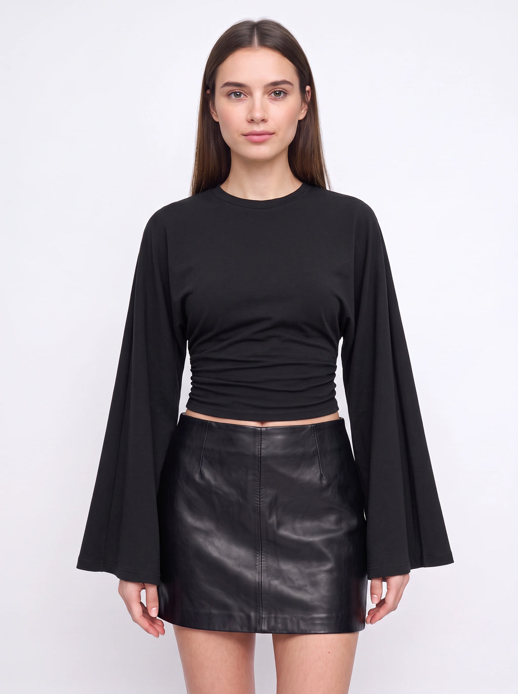 Flarenne Flared Sleeve Crop Top – Long Sleeve Crop Top Women Casual Ruched Waist Cropped Shirt