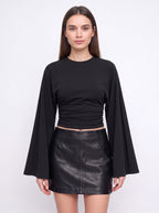 Flarenne Flared Sleeve Crop Top – Long Sleeve Crop Top Women Casual Ruched Waist Cropped Shirt
